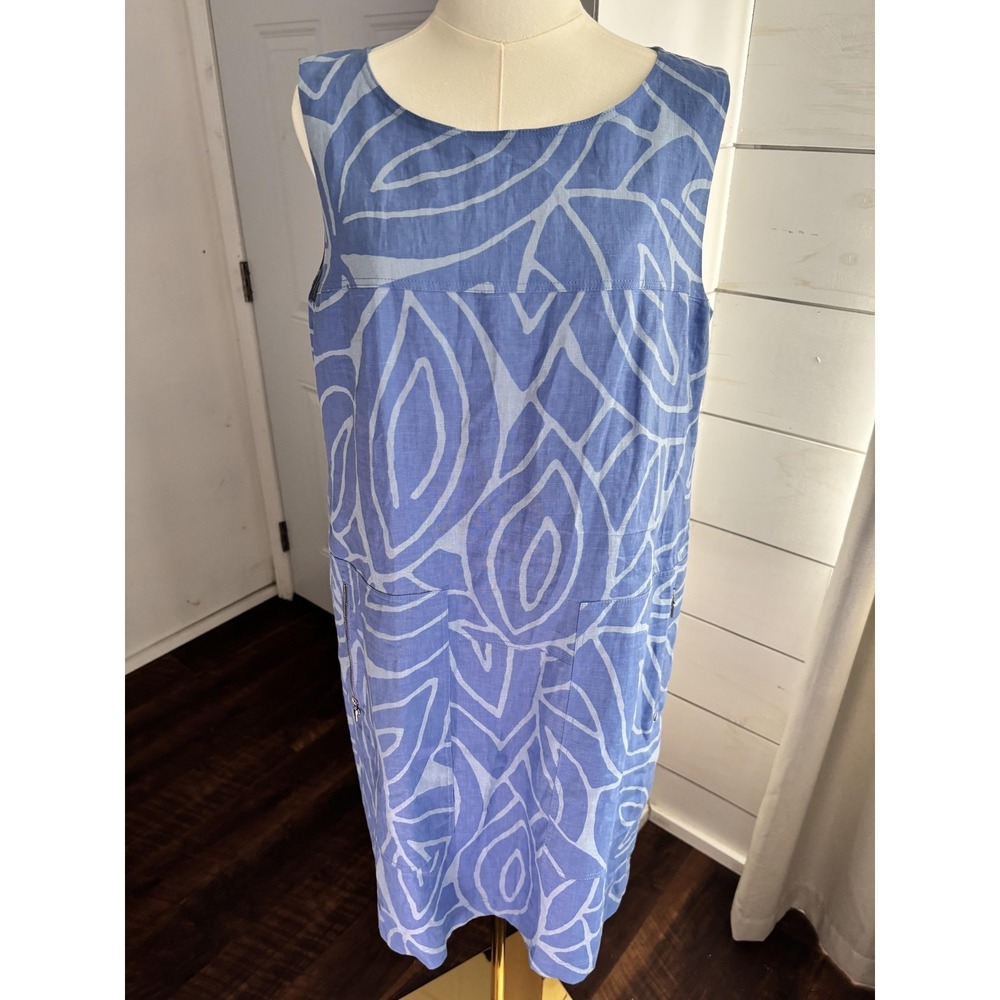 Lafayette‎ 148 New York Dress Womens Medium Blue Linen Geometric Shift Pockets
